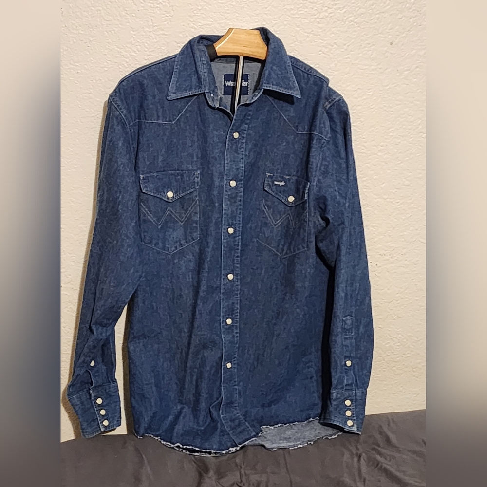 Vintage Mens 90s Wrangler Denim Pearl Snap Shirt Blue  L Western